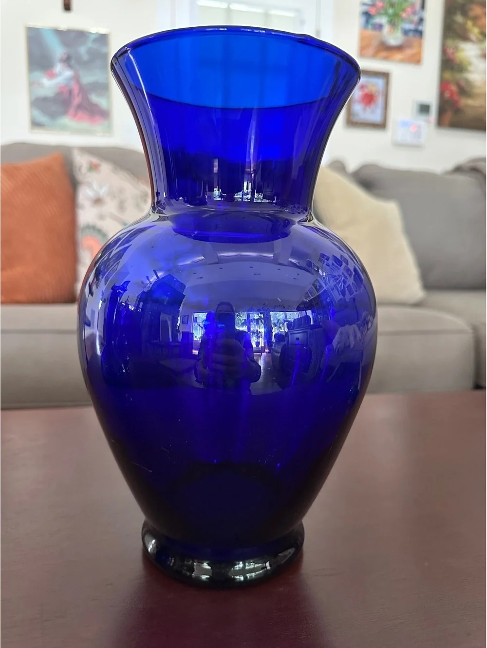 Vintage Large Cobalt Blue Glass Vase Rounded Body Flared Rim